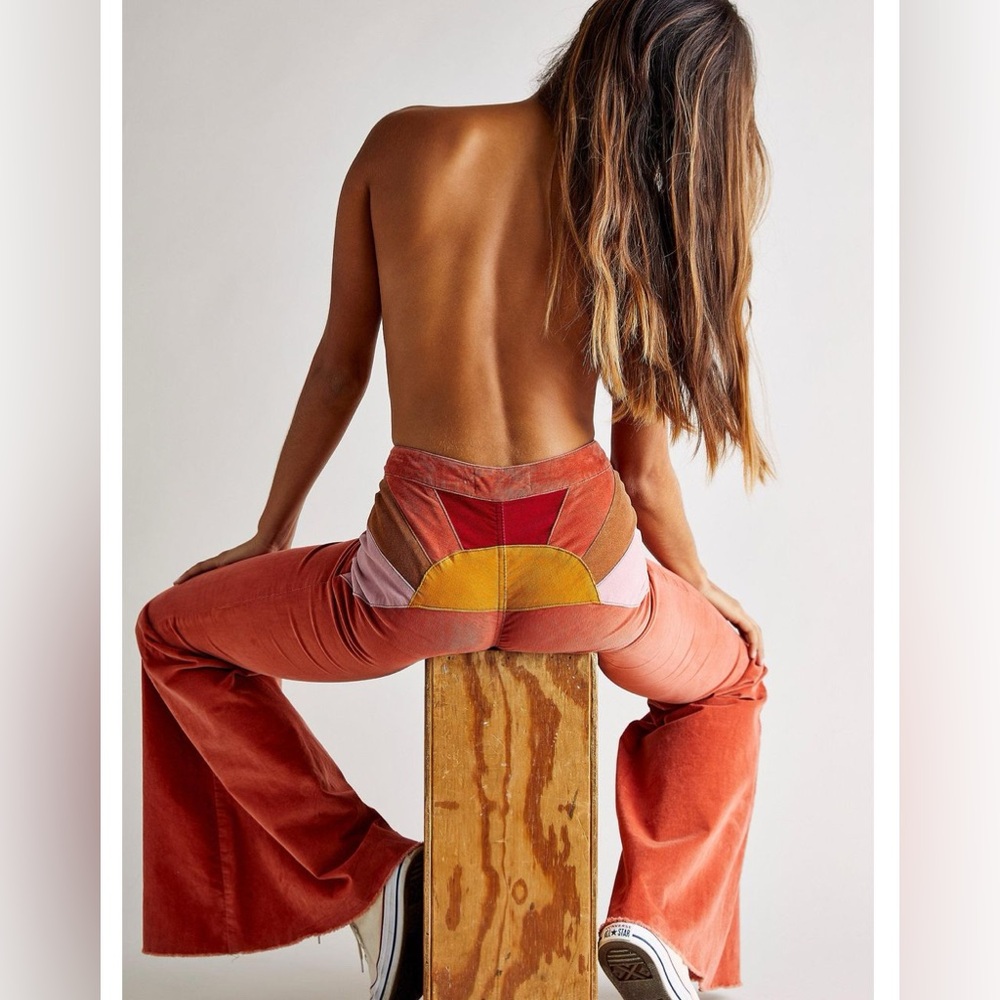Free People Patchwork Velvet Wide Leg Jeans in Rust, Pink & Yellow
